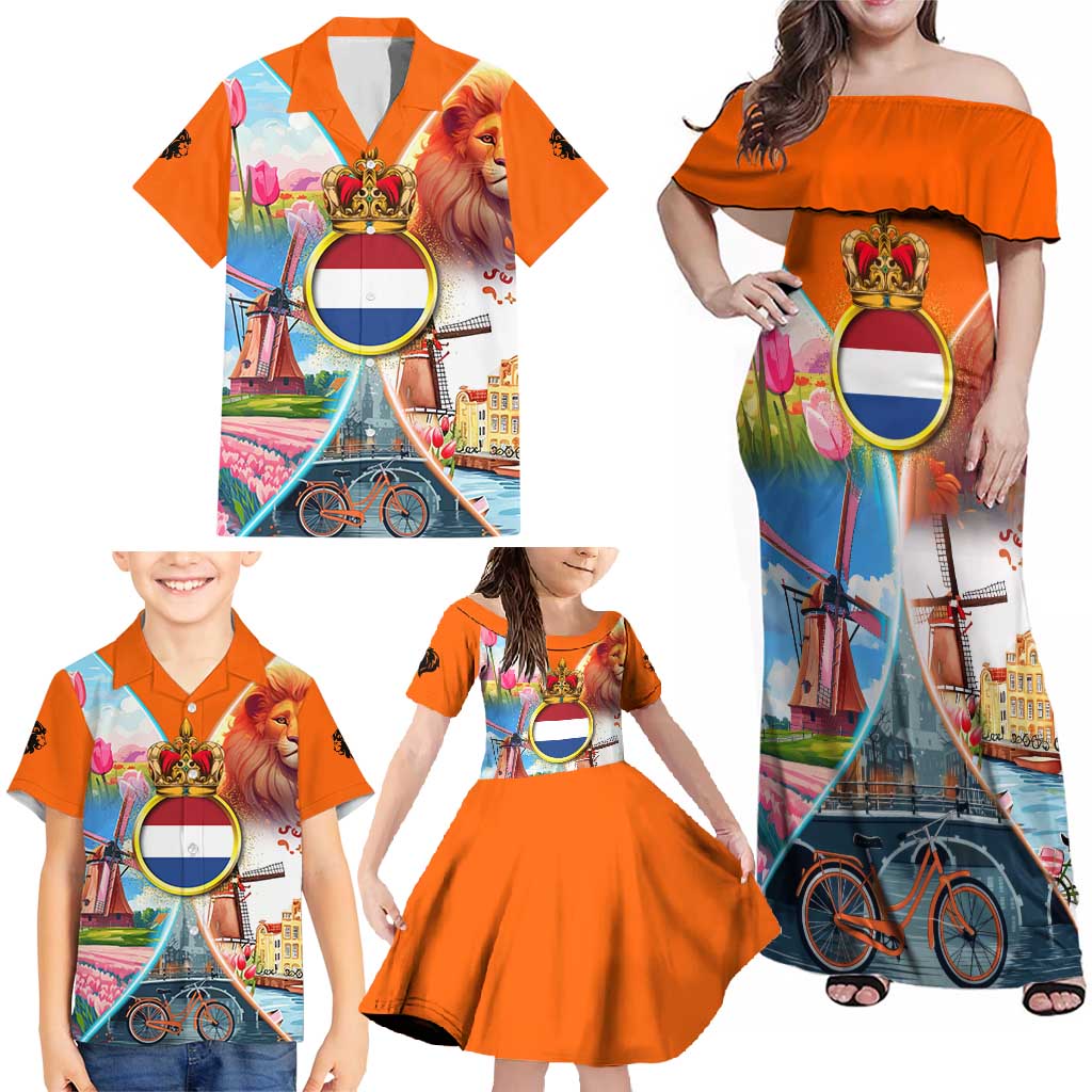 Dutch Lion Design Family Matching Off Shoulder Maxi Dress and Hawaiian Shirt with Tulips Windmills Bicycles and Coat of Arms