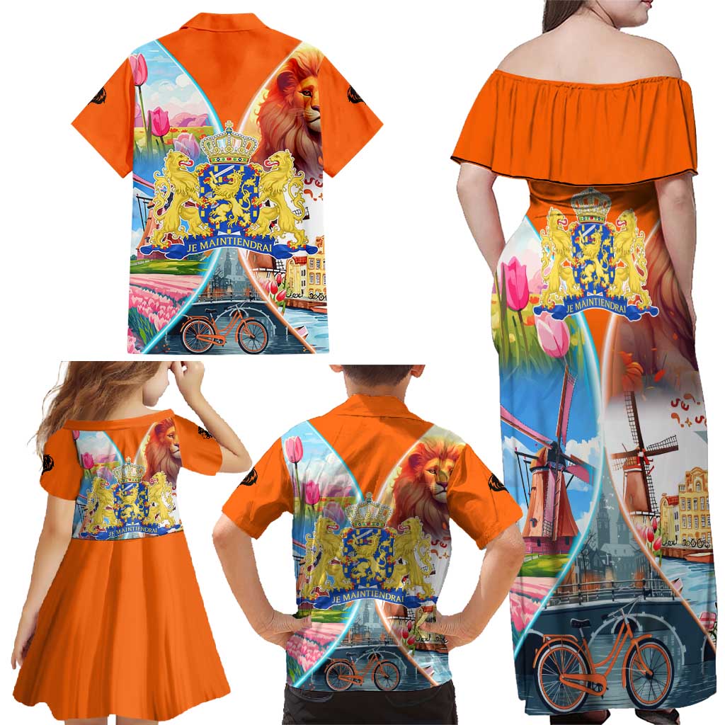 Dutch Lion Design Family Matching Off Shoulder Maxi Dress and Hawaiian Shirt with Tulips Windmills Bicycles and Coat of Arms