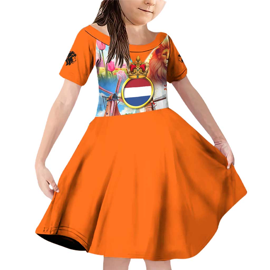Dutch Lion Design Family Matching Off Shoulder Short Dress and Hawaiian Shirt with Tulips Windmills Bicycles and Coat of Arms