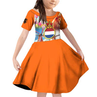 Dutch Lion Design Family Matching Off Shoulder Short Dress and Hawaiian Shirt with Tulips Windmills Bicycles and Coat of Arms