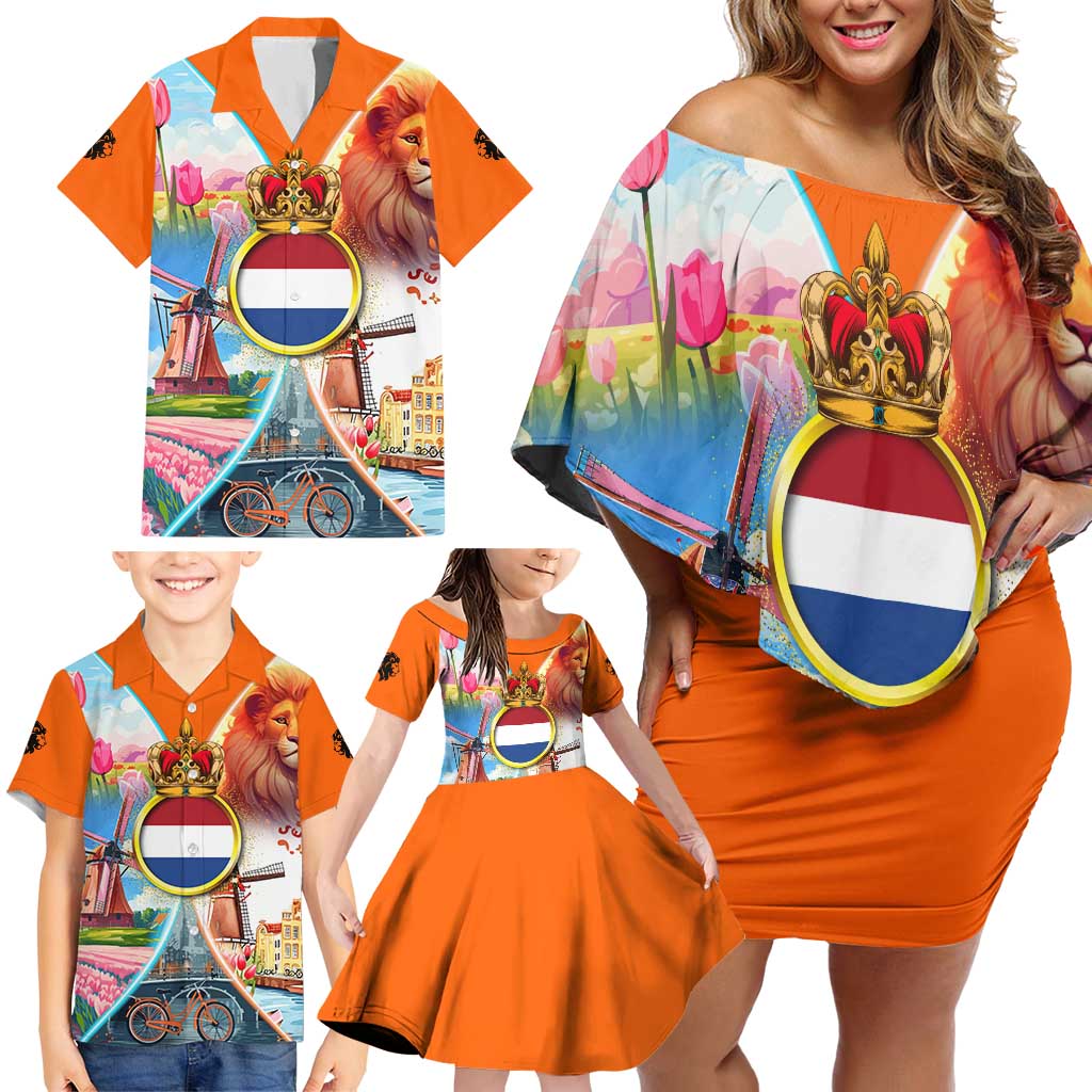 Dutch Lion Design Family Matching Off Shoulder Short Dress and Hawaiian Shirt with Tulips Windmills Bicycles and Coat of Arms
