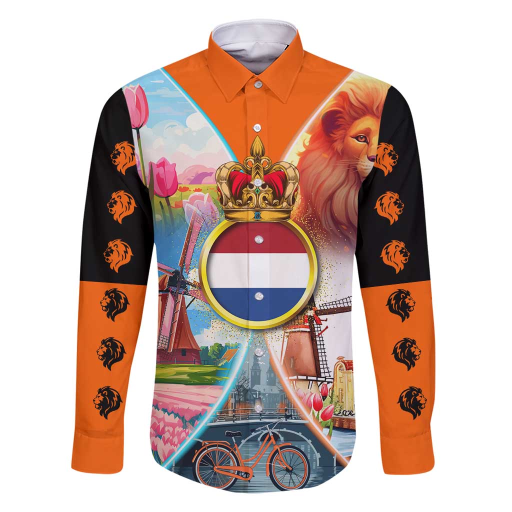 Dutch Lion Design Family Matching Off Shoulder Short Dress and Hawaiian Shirt with Tulips Windmills Bicycles and Coat of Arms