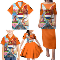 Dutch Lion Design Family Matching Puletasi and Hawaiian Shirt with Tulips Windmills Bicycles and Coat of Arms
