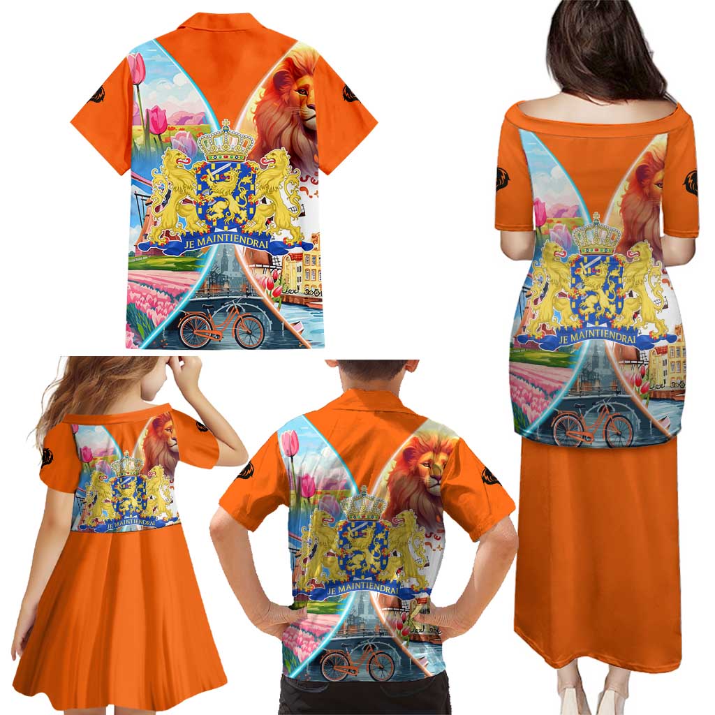 Dutch Lion Design Family Matching Puletasi and Hawaiian Shirt with Tulips Windmills Bicycles and Coat of Arms
