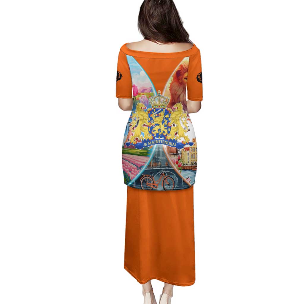 Dutch Lion Design Family Matching Puletasi and Hawaiian Shirt with Tulips Windmills Bicycles and Coat of Arms