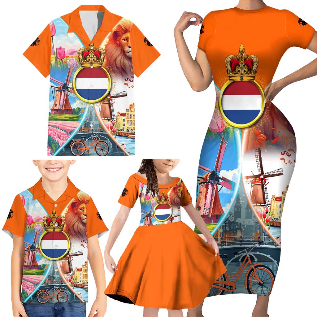 Dutch Lion Design Family Matching Short Sleeve Bodycon Dress and Hawaiian Shirt with Tulips Windmills Bicycles and Coat of Arms