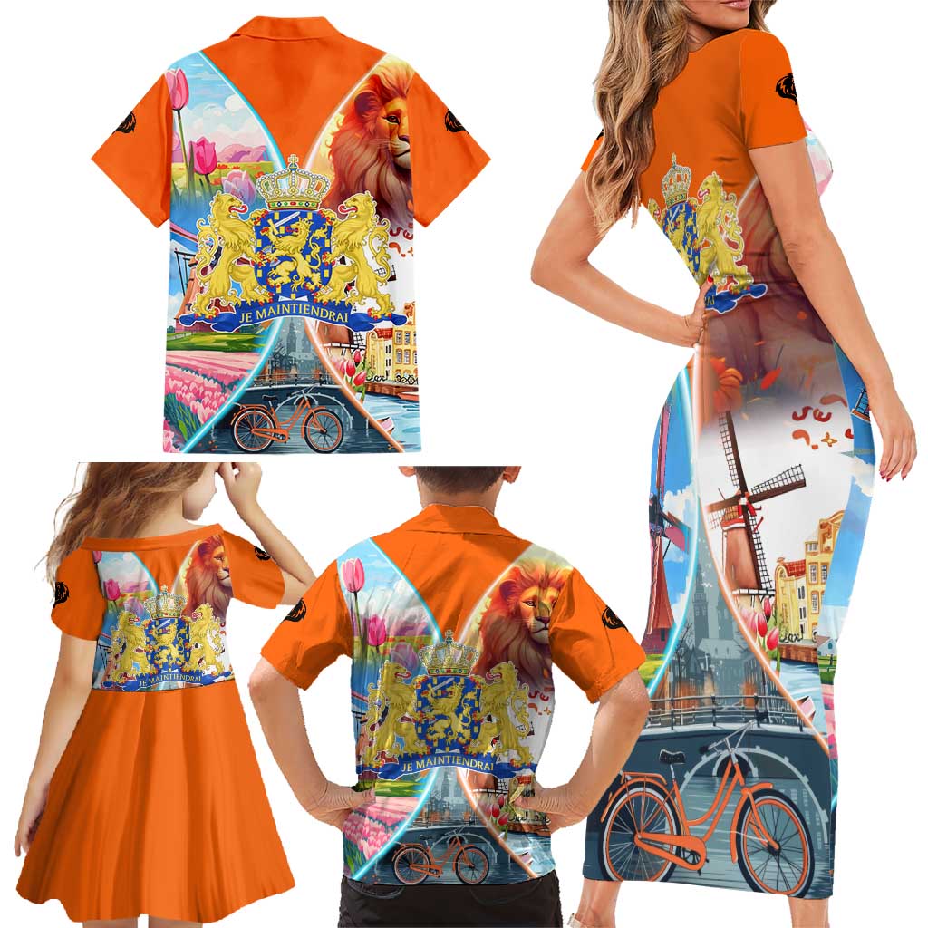 Dutch Lion Design Family Matching Short Sleeve Bodycon Dress and Hawaiian Shirt with Tulips Windmills Bicycles and Coat of Arms