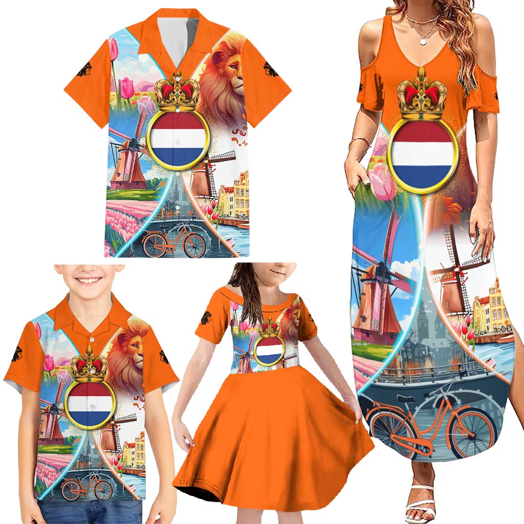 Dutch Lion Design Family Matching Summer Maxi Dress and Hawaiian Shirt with Tulips Windmills Bicycles and Coat of Arms