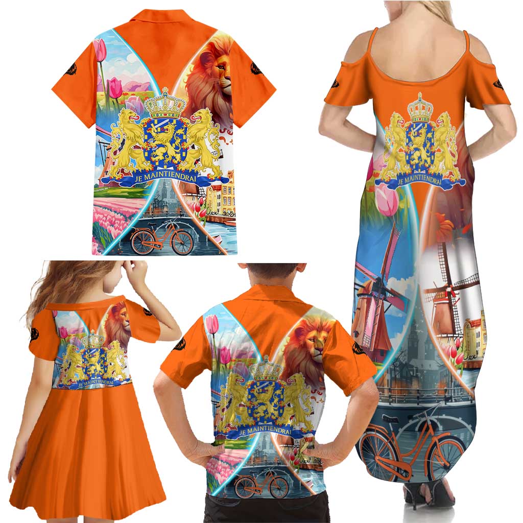 Dutch Lion Design Family Matching Summer Maxi Dress and Hawaiian Shirt with Tulips Windmills Bicycles and Coat of Arms