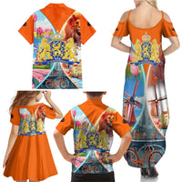 Dutch Lion Design Family Matching Summer Maxi Dress and Hawaiian Shirt with Tulips Windmills Bicycles and Coat of Arms