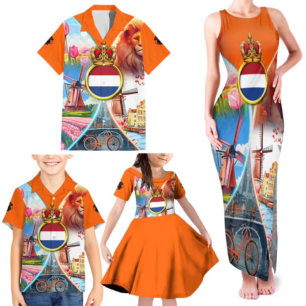 Dutch Lion Design Family Matching Tank Maxi Dress and Hawaiian Shirt with Tulips Windmills Bicycles and Coat of Arms