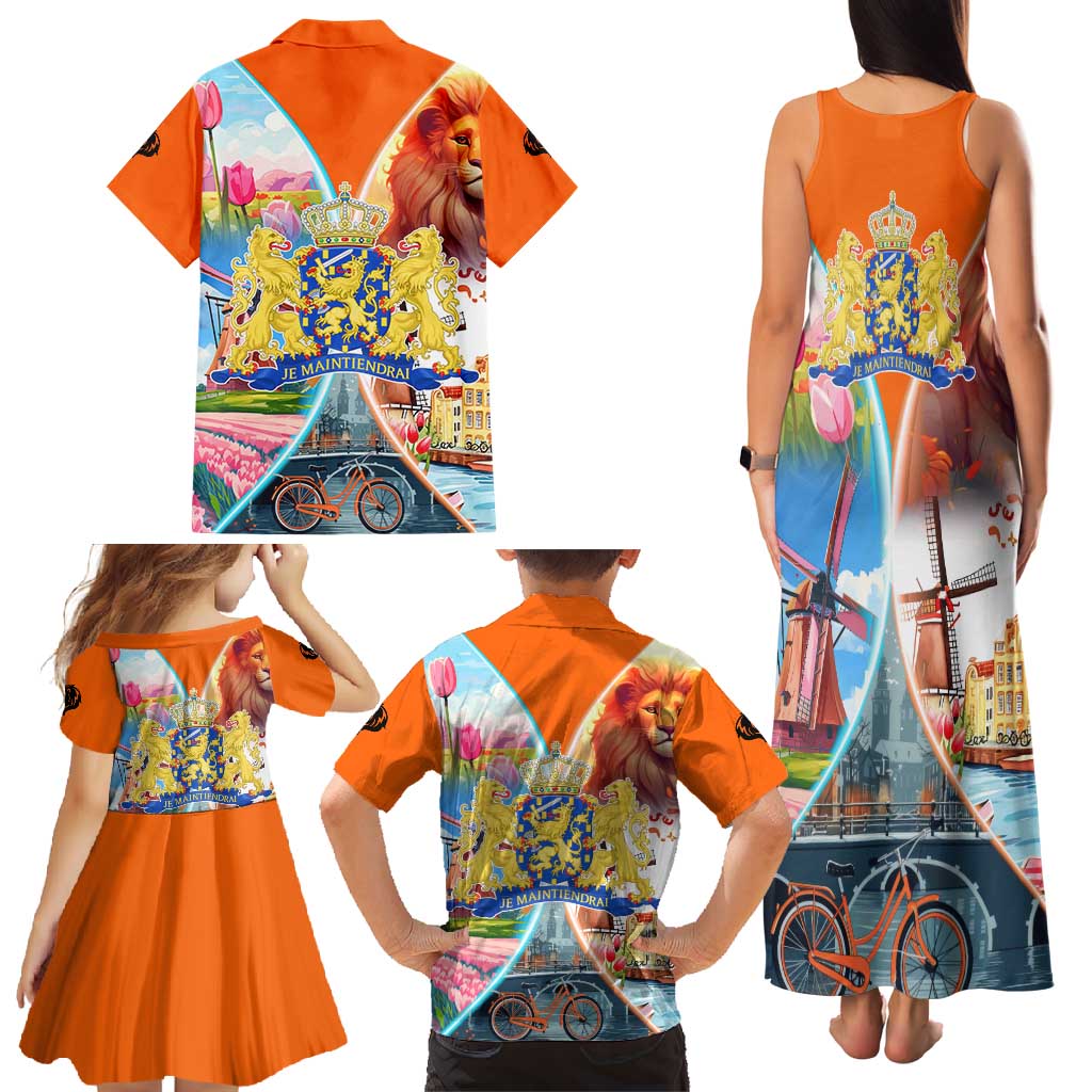 Dutch Lion Design Family Matching Tank Maxi Dress and Hawaiian Shirt with Tulips Windmills Bicycles and Coat of Arms