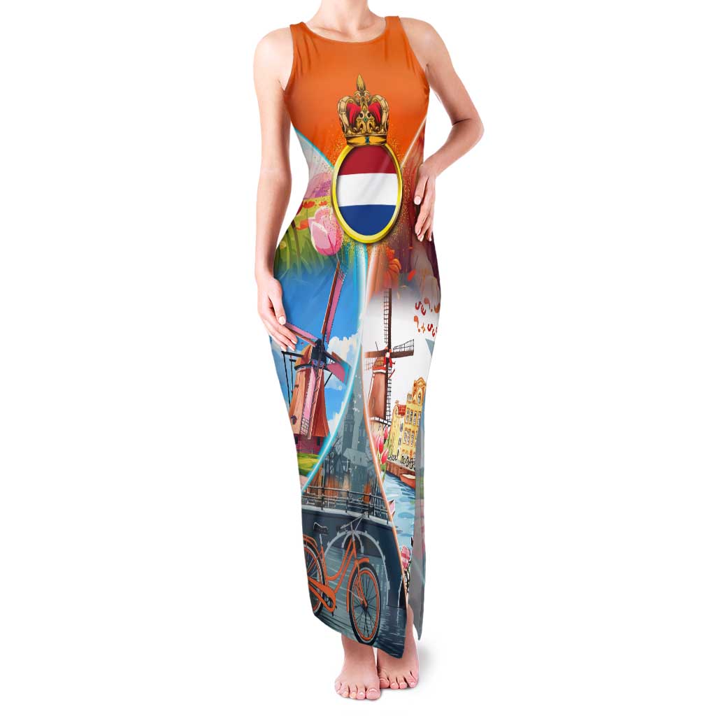 Dutch Lion Design Family Matching Tank Maxi Dress and Hawaiian Shirt with Tulips Windmills Bicycles and Coat of Arms