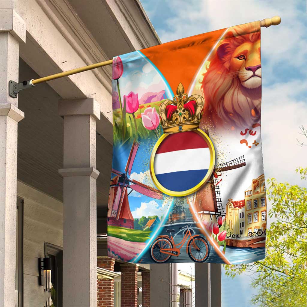 Dutch Lion Design Garden Flag with Tulips Windmills Bicycles and Coat of Arms