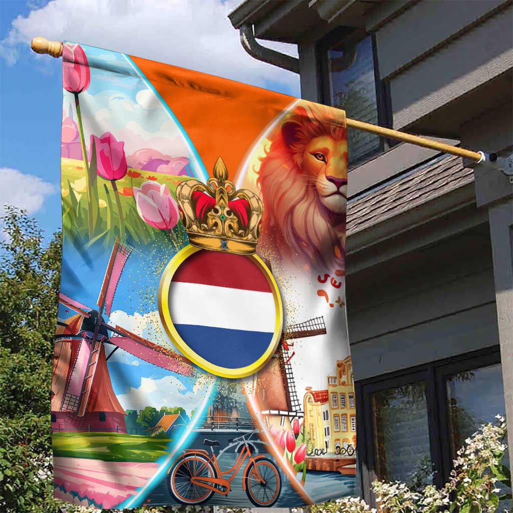 Dutch Lion Design Garden Flag with Tulips Windmills Bicycles and Coat of Arms