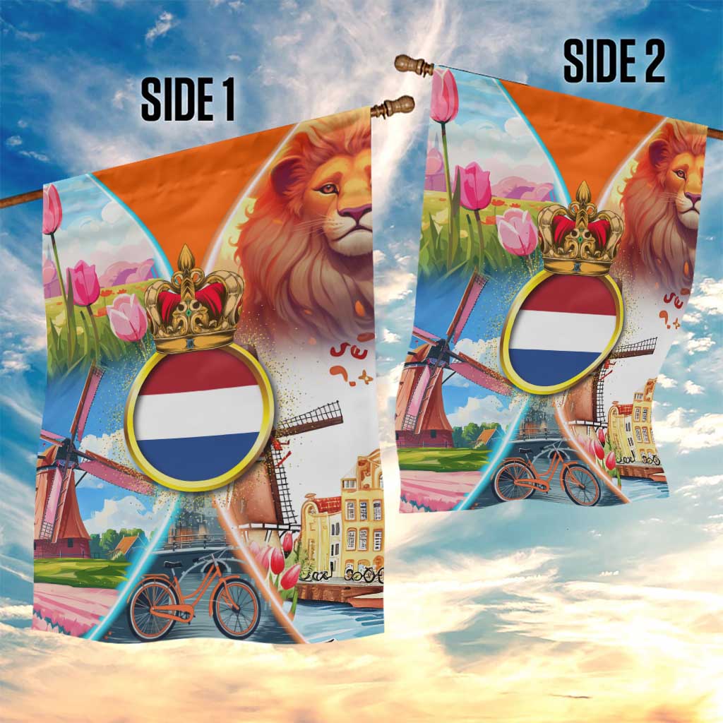 Dutch Lion Design Garden Flag with Tulips Windmills Bicycles and Coat of Arms