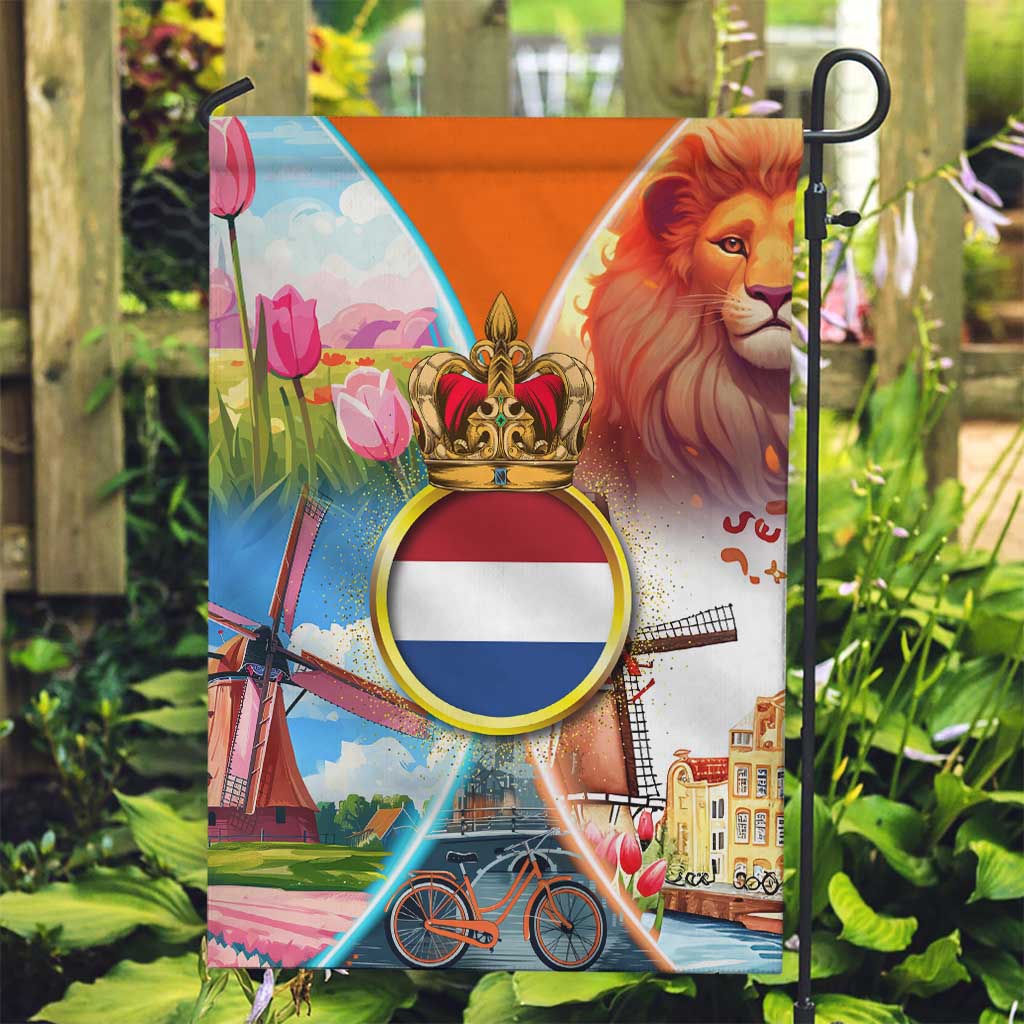 Dutch Lion Design Garden Flag with Tulips Windmills Bicycles and Coat of Arms