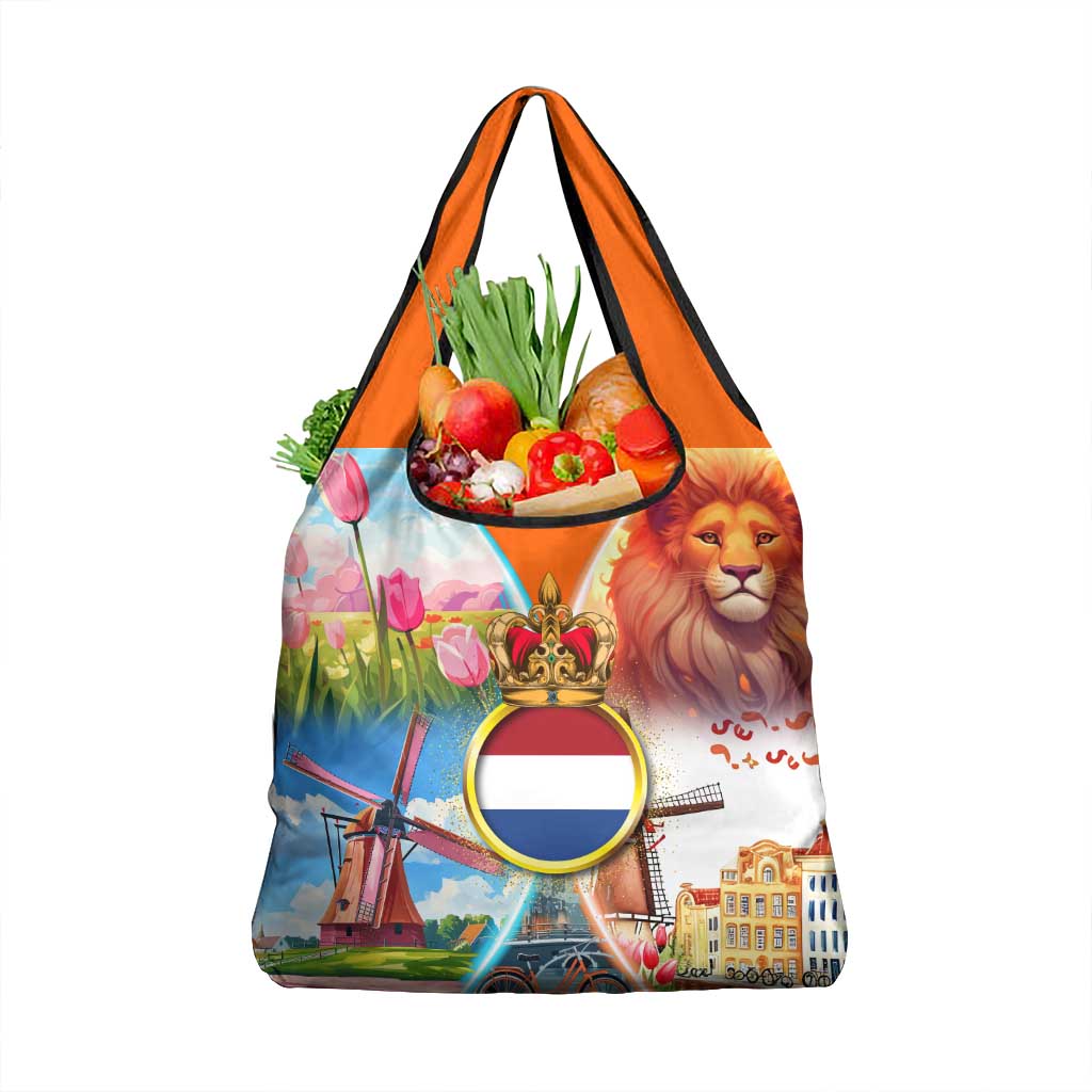 Dutch Lion Design Grocery Bag with Tulips Windmills Bicycles and Coat of Arms