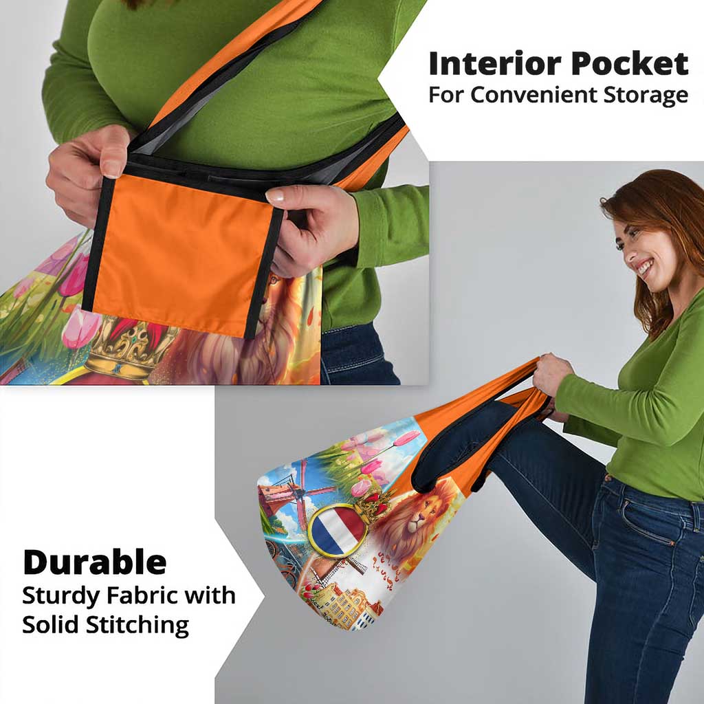 Dutch Lion Design Grocery Bag with Tulips Windmills Bicycles and Coat of Arms