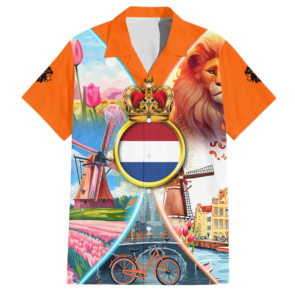 Dutch Lion Design Hawaiian Shirt with Tulips Windmills Bicycles and Coat of Arms