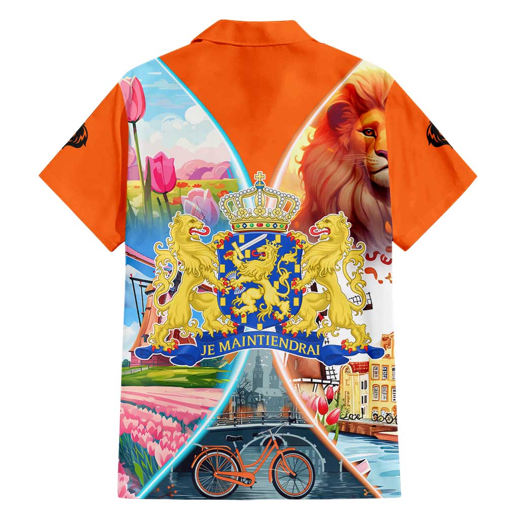 Dutch Lion Design Hawaiian Shirt with Tulips Windmills Bicycles and Coat of Arms
