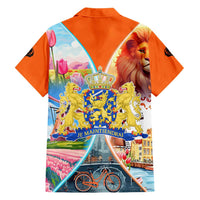 Dutch Lion Design Hawaiian Shirt with Tulips Windmills Bicycles and Coat of Arms