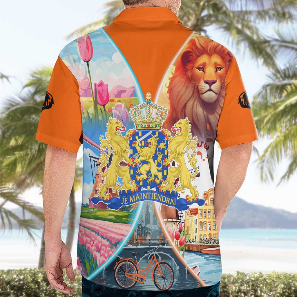 Dutch Lion Design Hawaiian Shirt with Tulips Windmills Bicycles and Coat of Arms