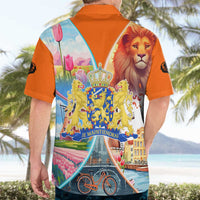 Dutch Lion Design Hawaiian Shirt with Tulips Windmills Bicycles and Coat of Arms