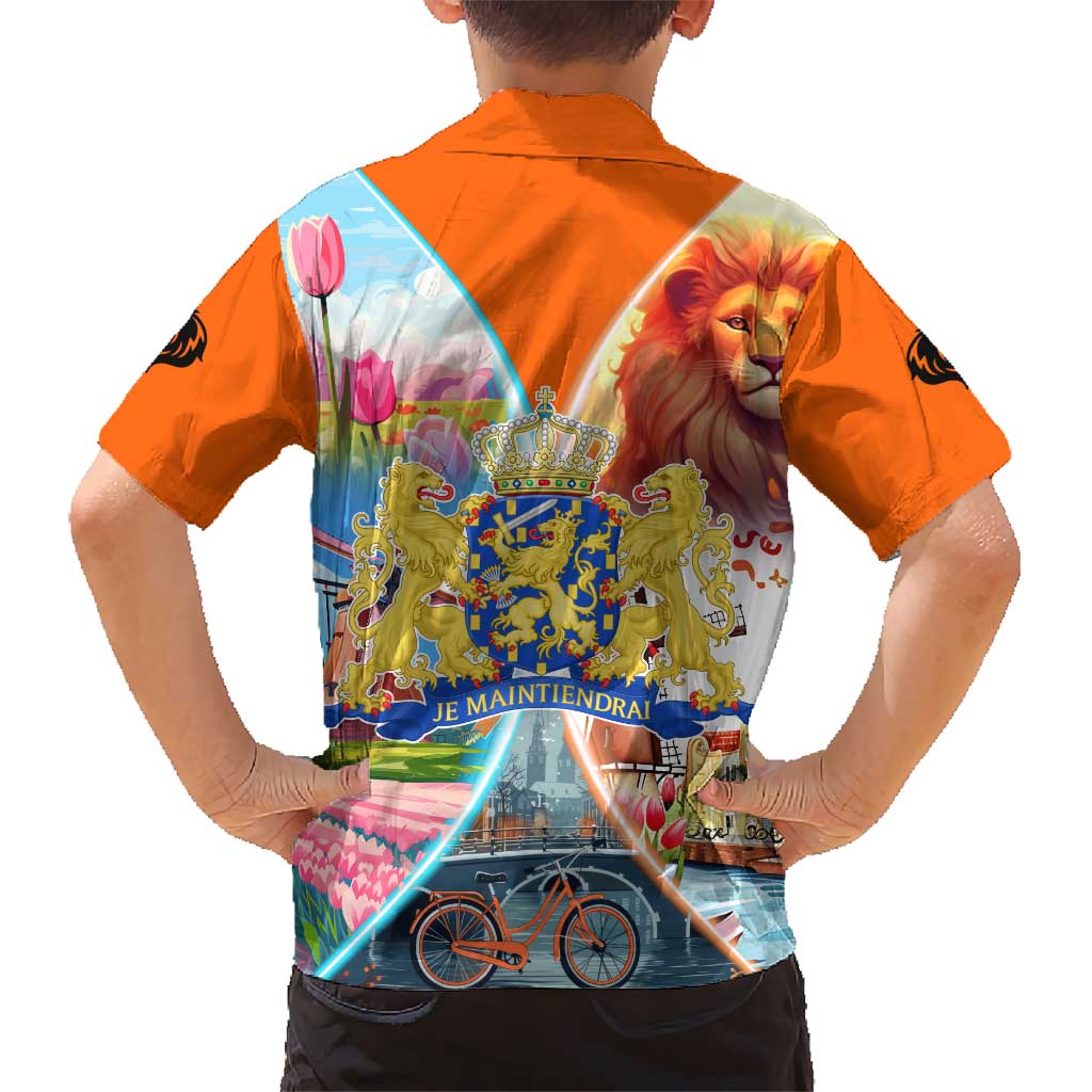 Dutch Lion Design Hawaiian Shirt with Tulips Windmills Bicycles and Coat of Arms