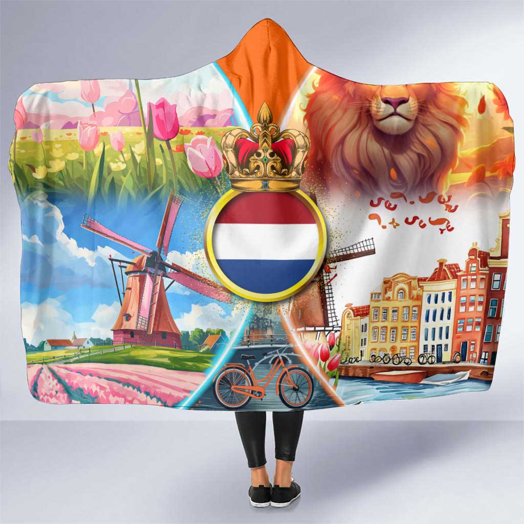 Dutch Lion Design Hooded Blanket with Tulips Windmills Bicycles and Coat of Arms
