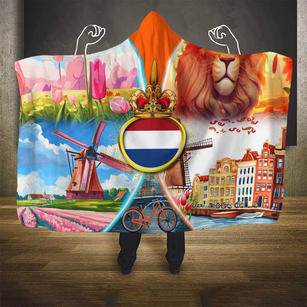 Dutch Lion Design Hooded Blanket with Tulips Windmills Bicycles and Coat of Arms