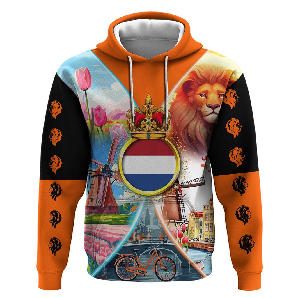 Dutch Lion Design Hoodie with Tulips Windmills Bicycles and Coat of Arms
