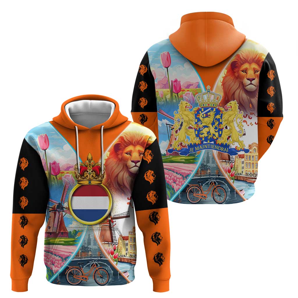 Dutch Lion Design Hoodie with Tulips Windmills Bicycles and Coat of Arms