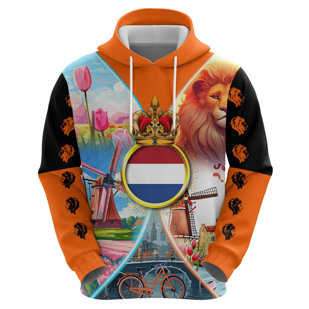 Dutch Lion Design Hoodie with Tulips Windmills Bicycles and Coat of Arms