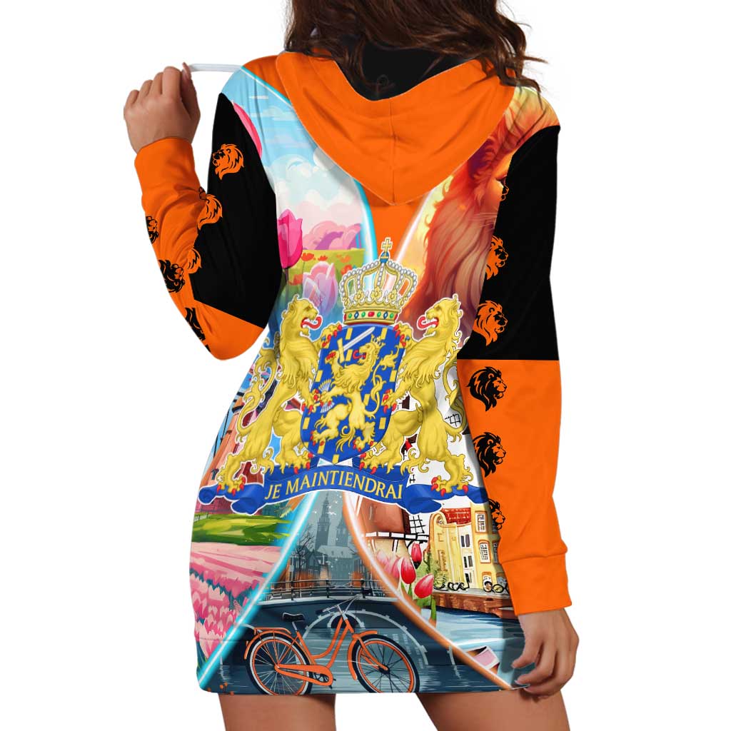 Dutch Lion Design Hoodie Dress with Tulips Windmills Bicycles and Coat of Arms