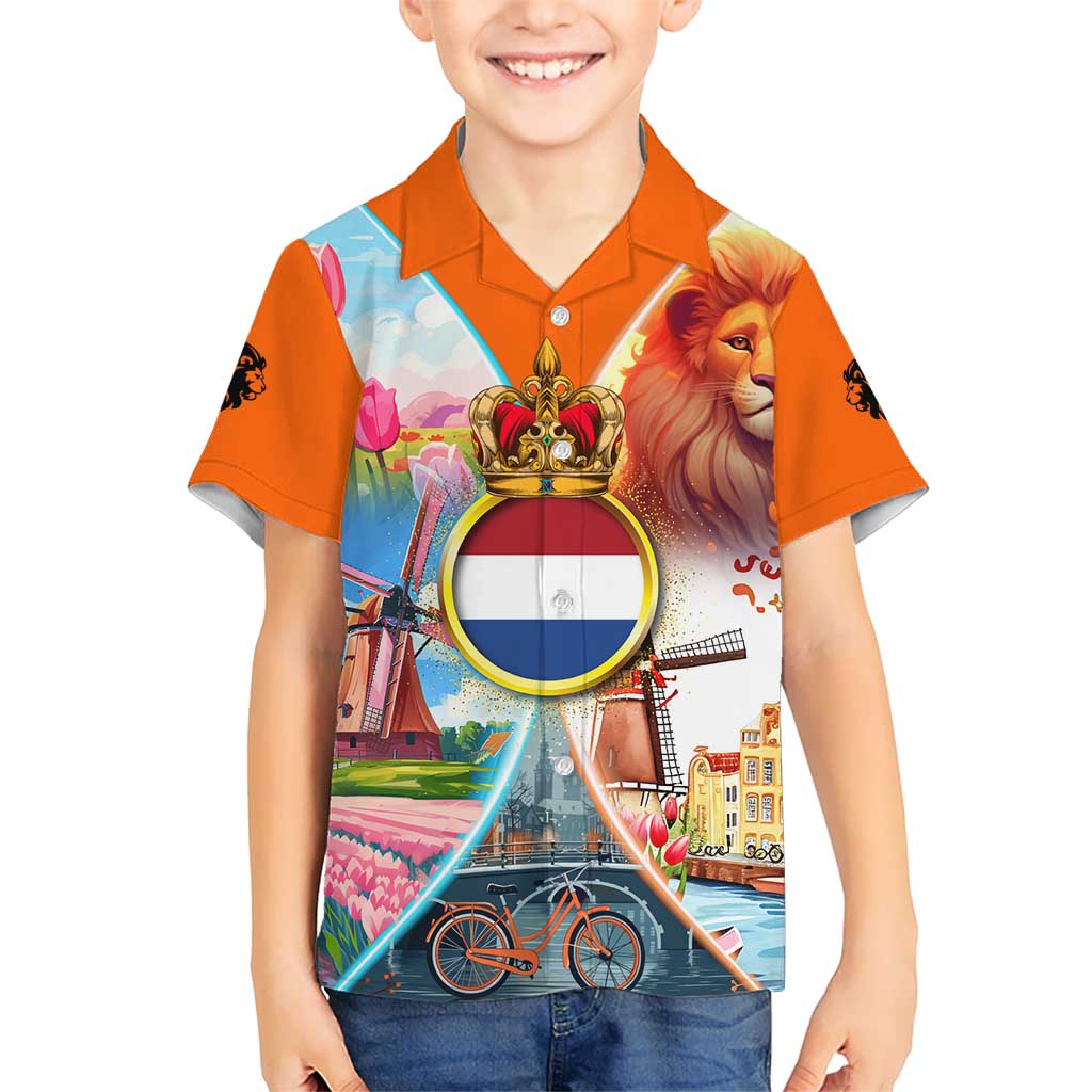 Dutch Lion Design Kid Hawaiian Shirt with Tulips Windmills Bicycles and Coat of Arms