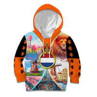 Dutch Lion Design Kid Hoodie with Tulips Windmills Bicycles and Coat of Arms