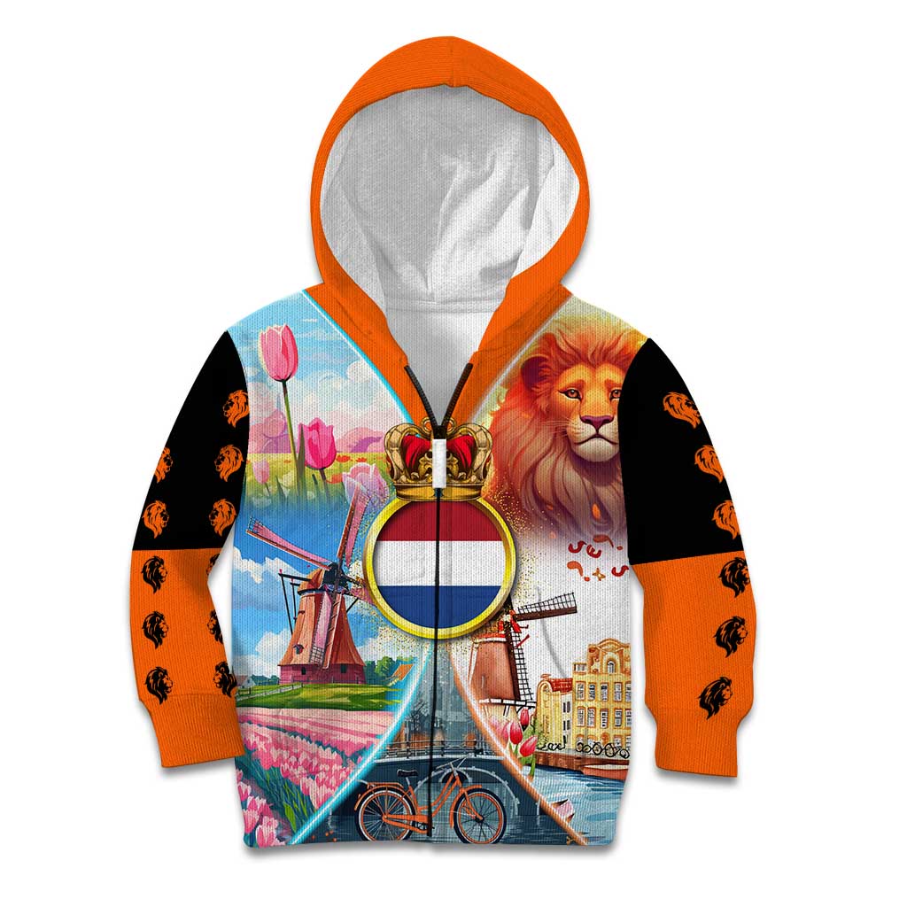 Dutch Lion Design Kid Hoodie with Tulips Windmills Bicycles and Coat of Arms