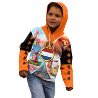 Dutch Lion Design Kid Hoodie with Tulips Windmills Bicycles and Coat of Arms