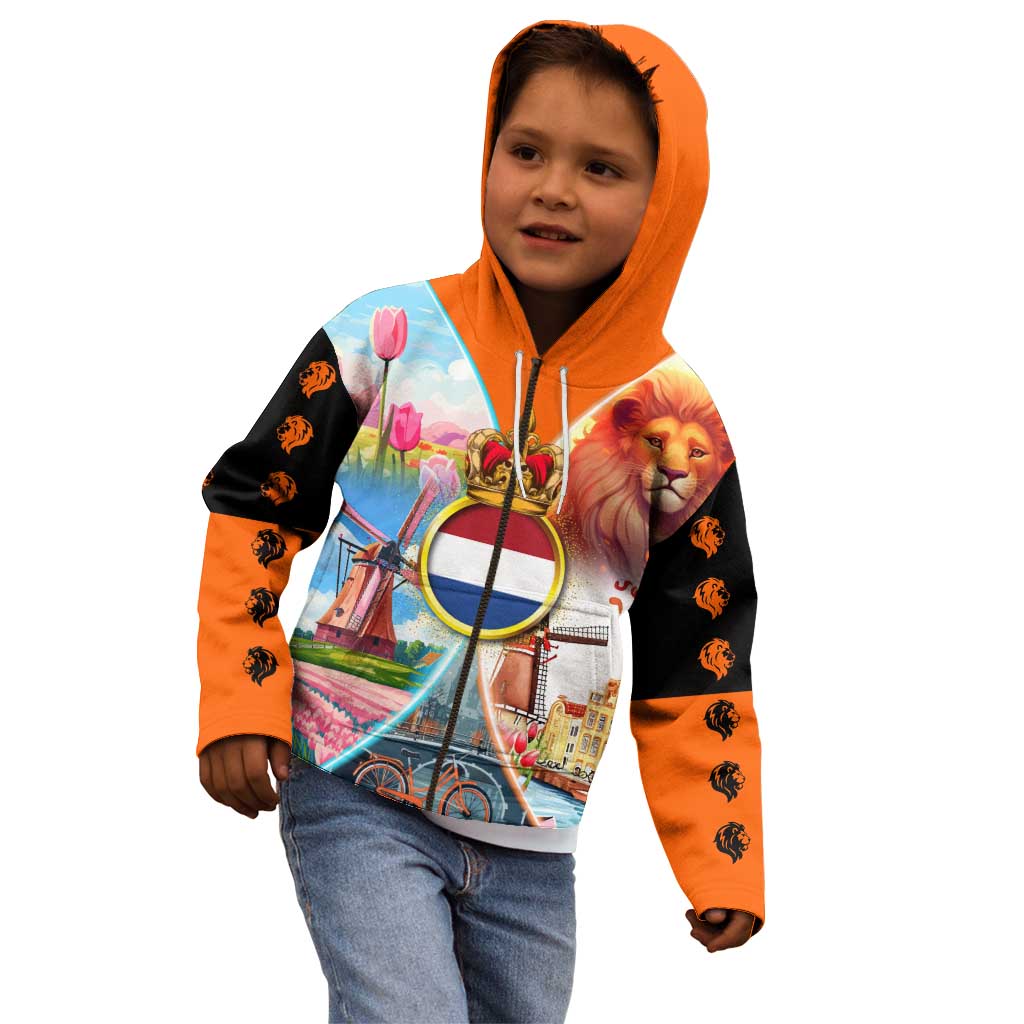 Dutch Lion Design Kid Hoodie with Tulips Windmills Bicycles and Coat of Arms