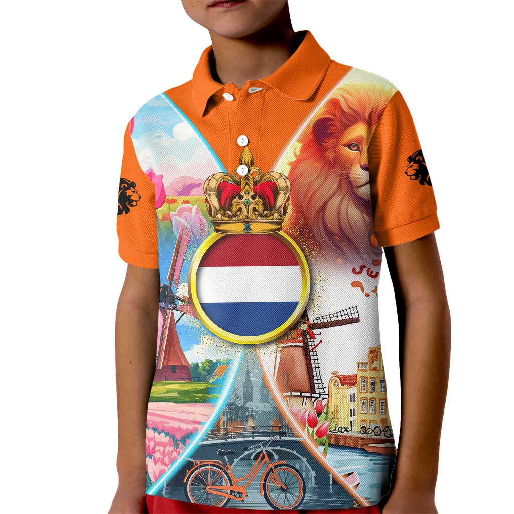 Dutch Lion Design Kid Polo Shirt with Tulips Windmills Bicycles and Coat of Arms