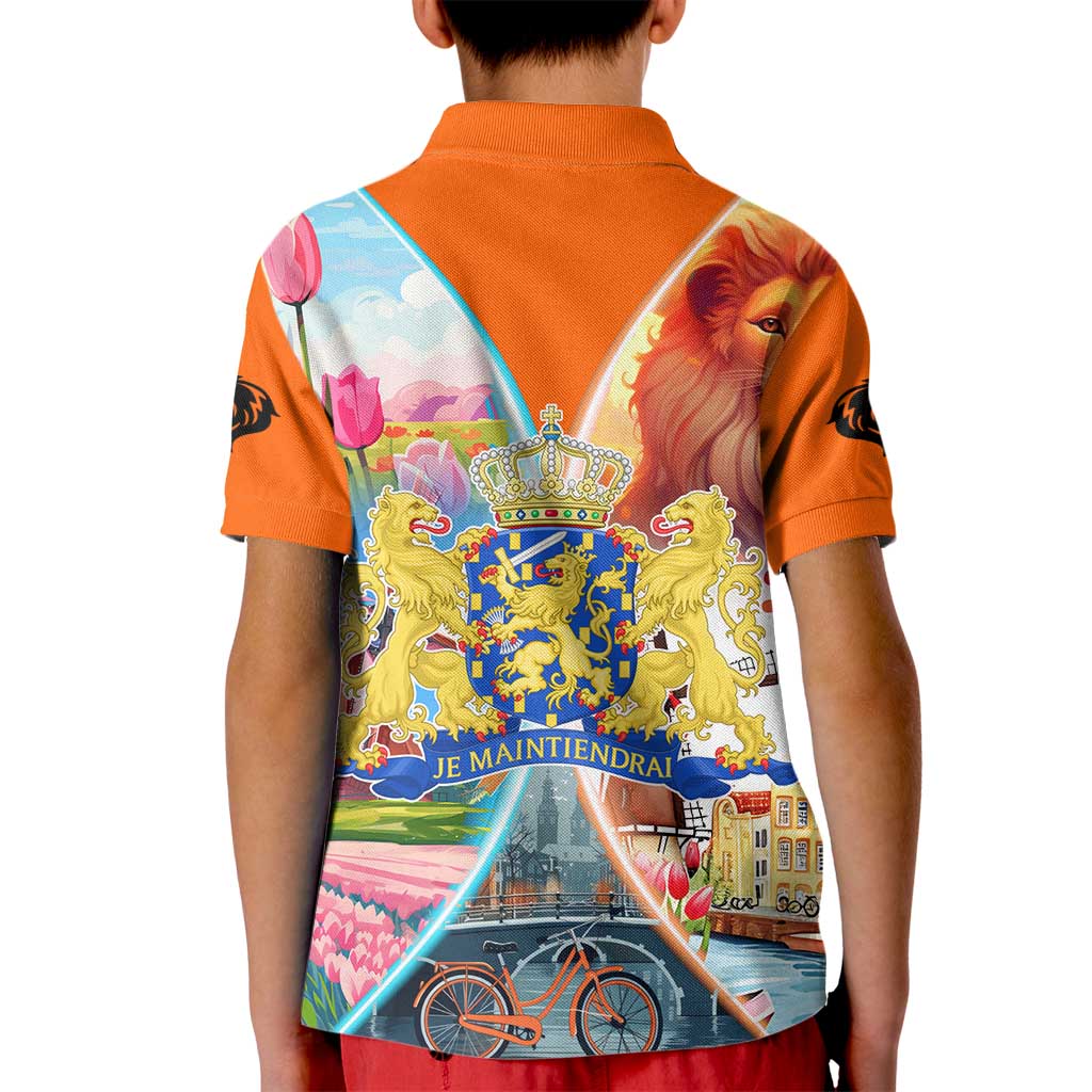 Dutch Lion Design Kid Polo Shirt with Tulips Windmills Bicycles and Coat of Arms
