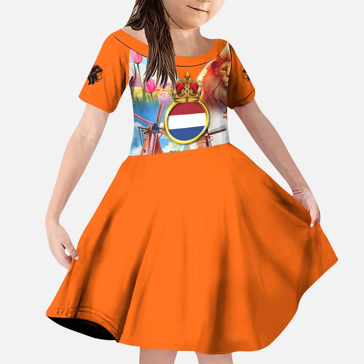 Dutch Lion Design Kid Short Sleeve Dress with Tulips Windmills Bicycles and Coat of Arms