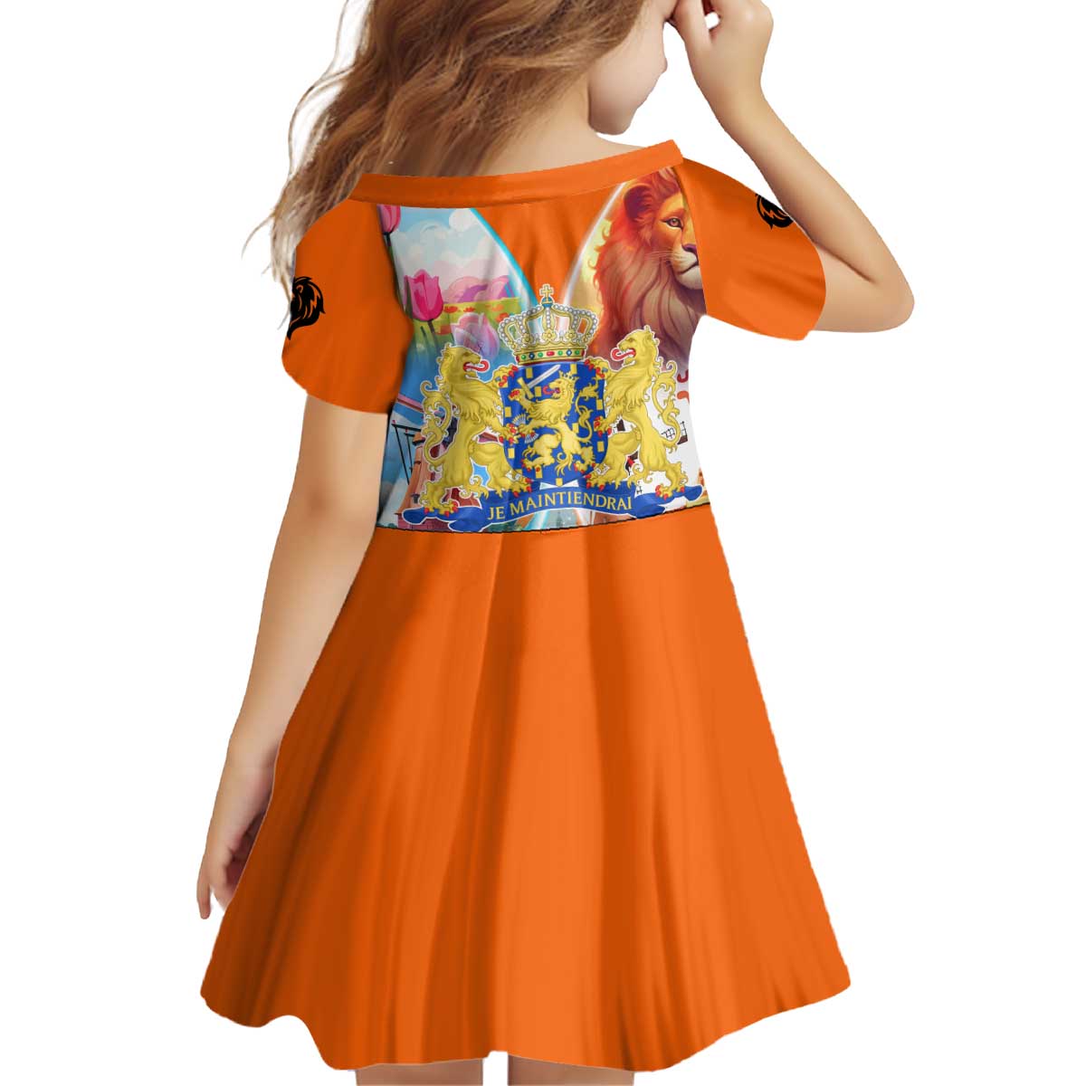 Dutch Lion Design Kid Short Sleeve Dress with Tulips Windmills Bicycles and Coat of Arms