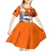 Dutch Lion Design Kid Short Sleeve Dress with Tulips Windmills Bicycles and Coat of Arms