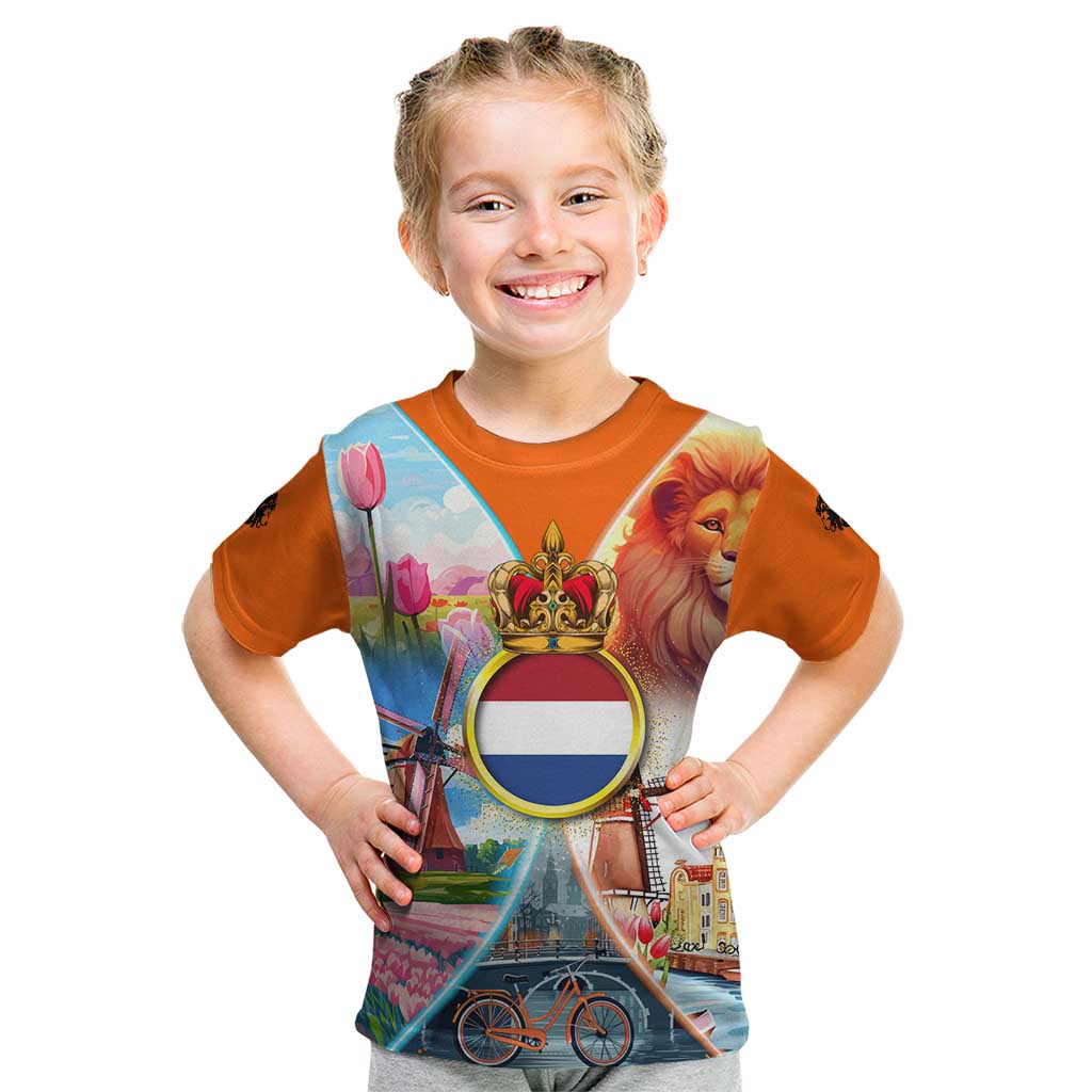 Dutch Lion Design Kid T Shirt with Tulips Windmills Bicycles and Coat of Arms
