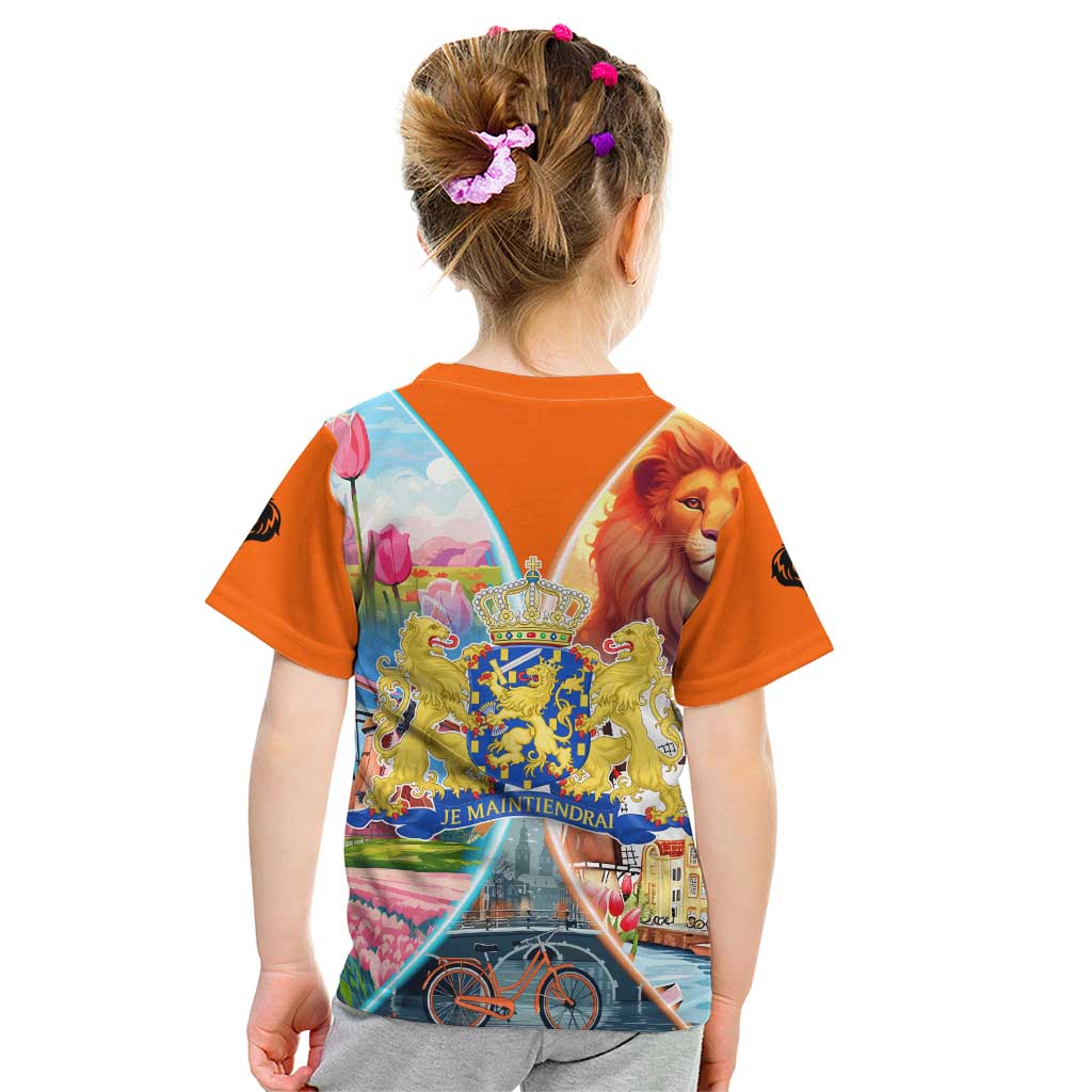 Dutch Lion Design Kid T Shirt with Tulips Windmills Bicycles and Coat of Arms