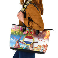 Dutch Lion Design Leather Tote Bag with Tulips Windmills Bicycles and Coat of Arms