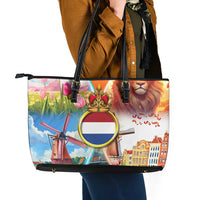 Dutch Lion Design Leather Tote Bag with Tulips Windmills Bicycles and Coat of Arms