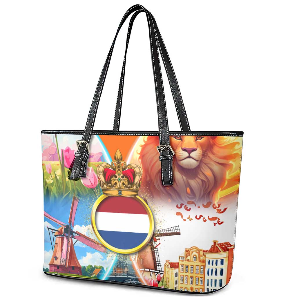 Dutch Lion Design Leather Tote Bag with Tulips Windmills Bicycles and Coat of Arms